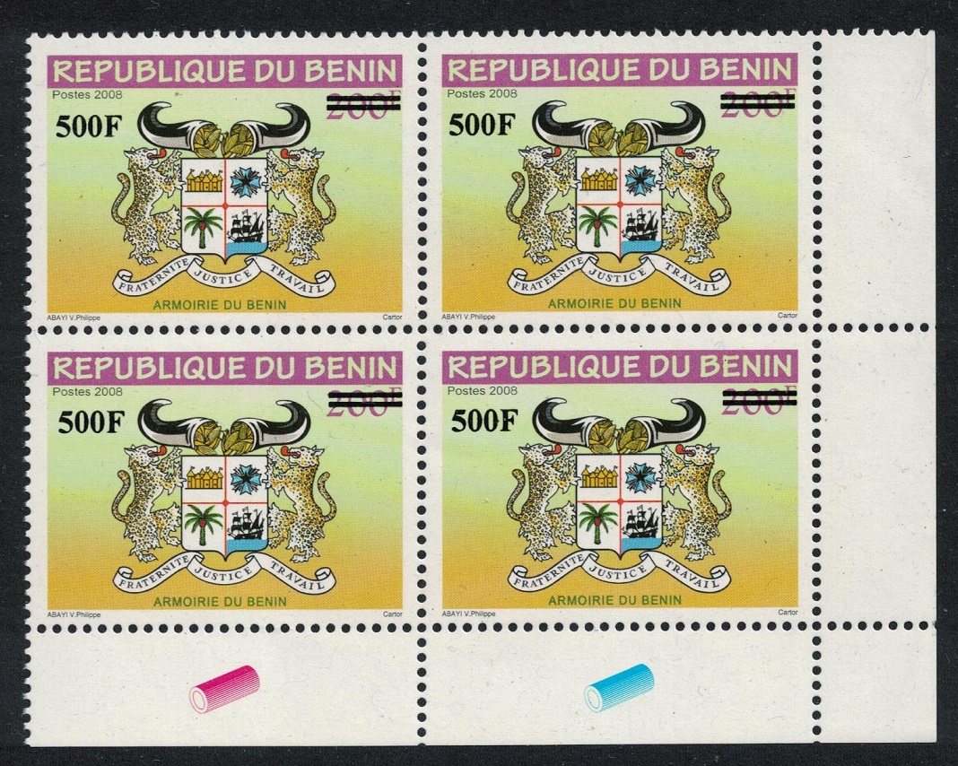 Benin Arms of Benin Overprint 500F Corner Block of 4 2009 MNH MI#1637