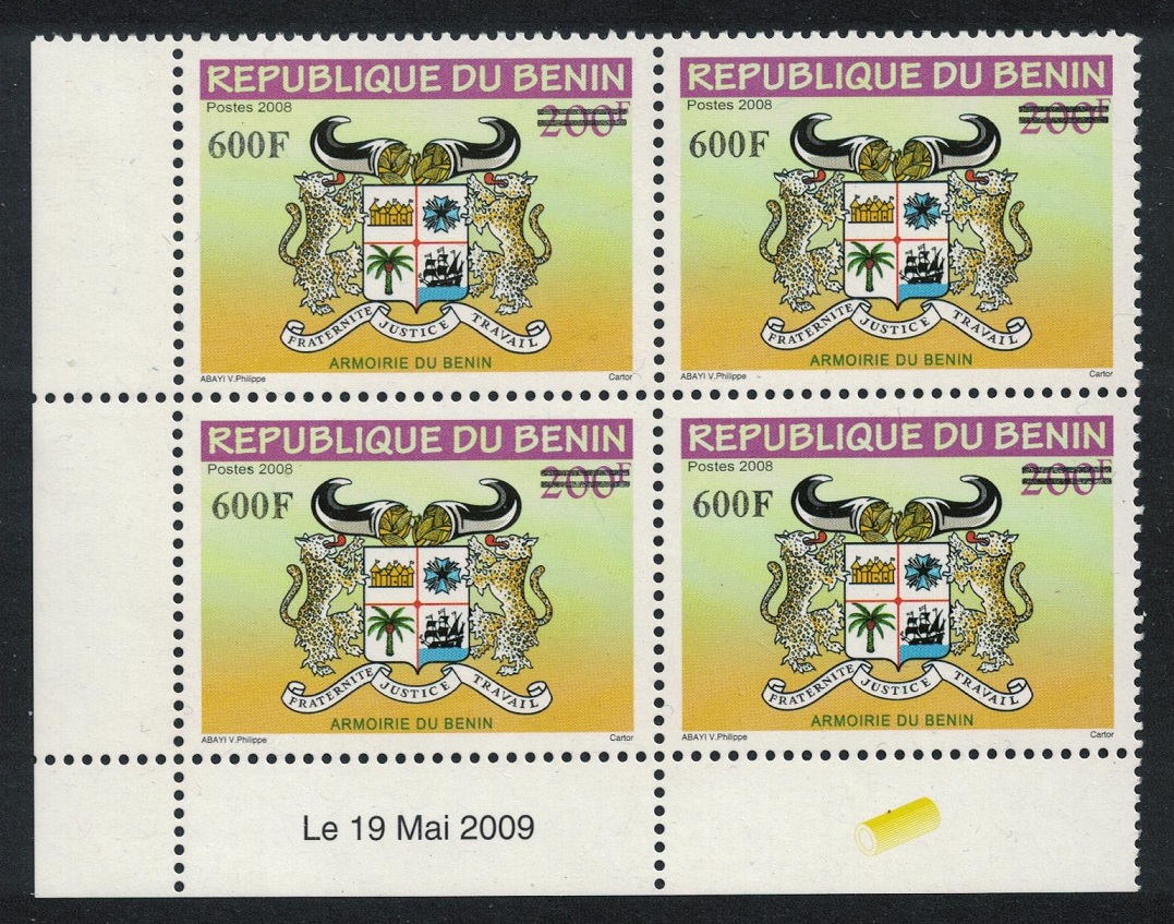 Benin Arms of Benin Overprint 600F Corner Block of 4 2009 MNH MI#1638