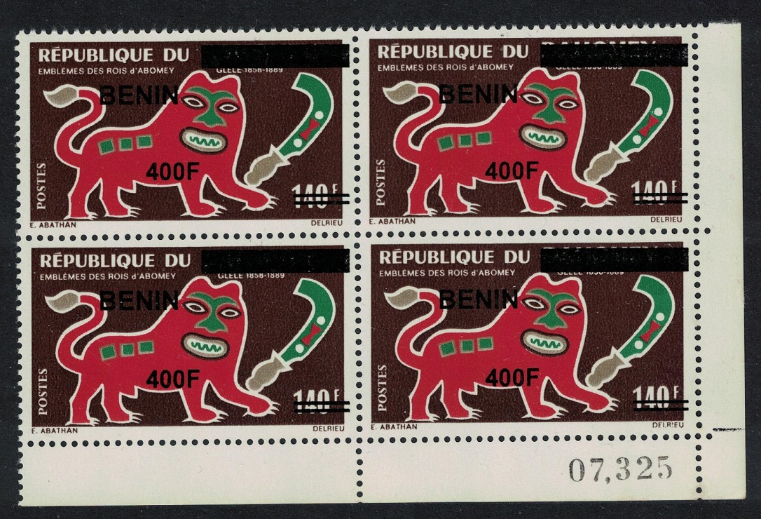 Benin Lion Glele Royal Emblem Ovpt 400f Corner Block of 4 2009 MNH MI#1585