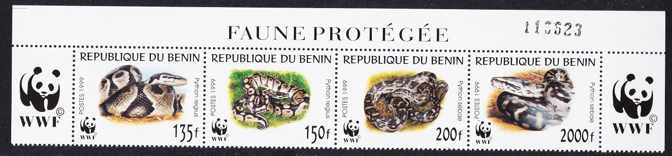 Benin WWF Pythons Top Strip WWF Logo and number 1999 MNH SG#1812-1815 MI#1159-1162 Sc#1086 a-d