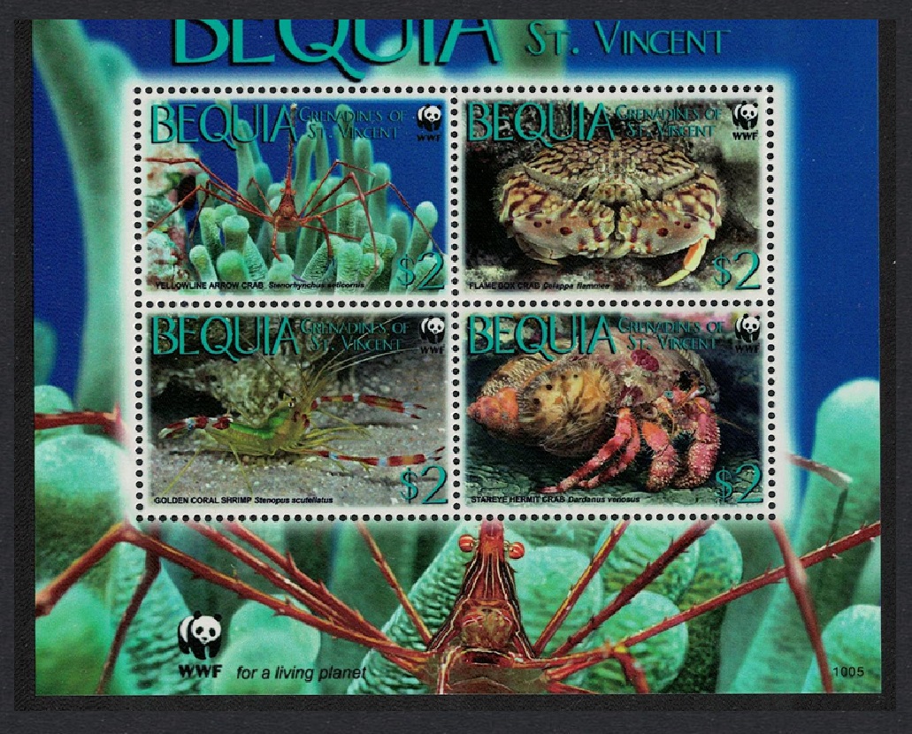 Bequia Grenadines of St. Vincent WWF Caribbean Reef Crustaceans Block 2*2 WWF Logo 2010 MNH MI#647-650