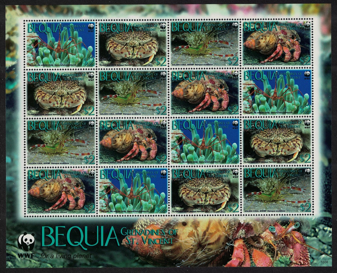 Bequia Grenadines of St. Vincent WWF Caribbean Reef Crustaceans Sheetlet of 4 sets 2010 MNH MI#647-650