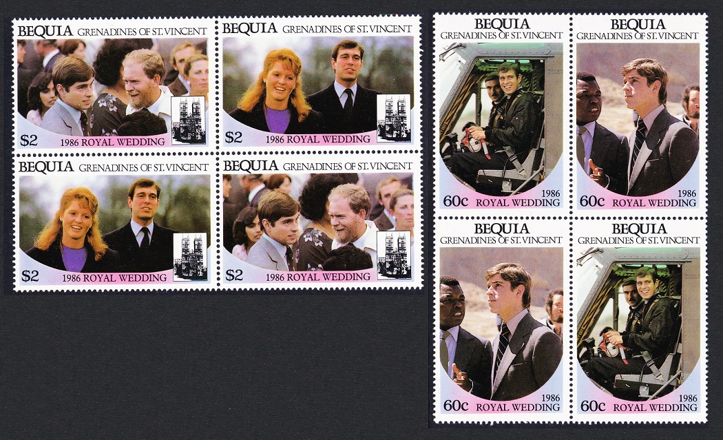 Bequia Grenadines of St. Vincent Royal Wedding 4v Cross-blocks of 4 1986 MNH Sc#232-235