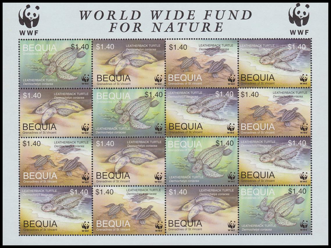 Bequia Grenadines of St. Vincent WWF Leatherback Turtle Sheetlet of 4 sets 2001 MNH MI#306-309 Sc#303 a-d