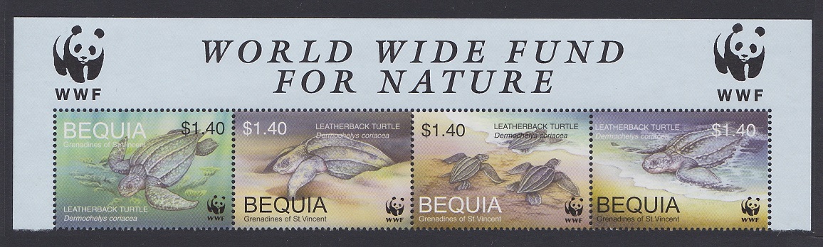 Bequia Grenadines of St. Vincent WWF Leatherback Turtle Top Strip of 4v WWF Logo 2001 MNH MI#306-309 Sc#303 a-d