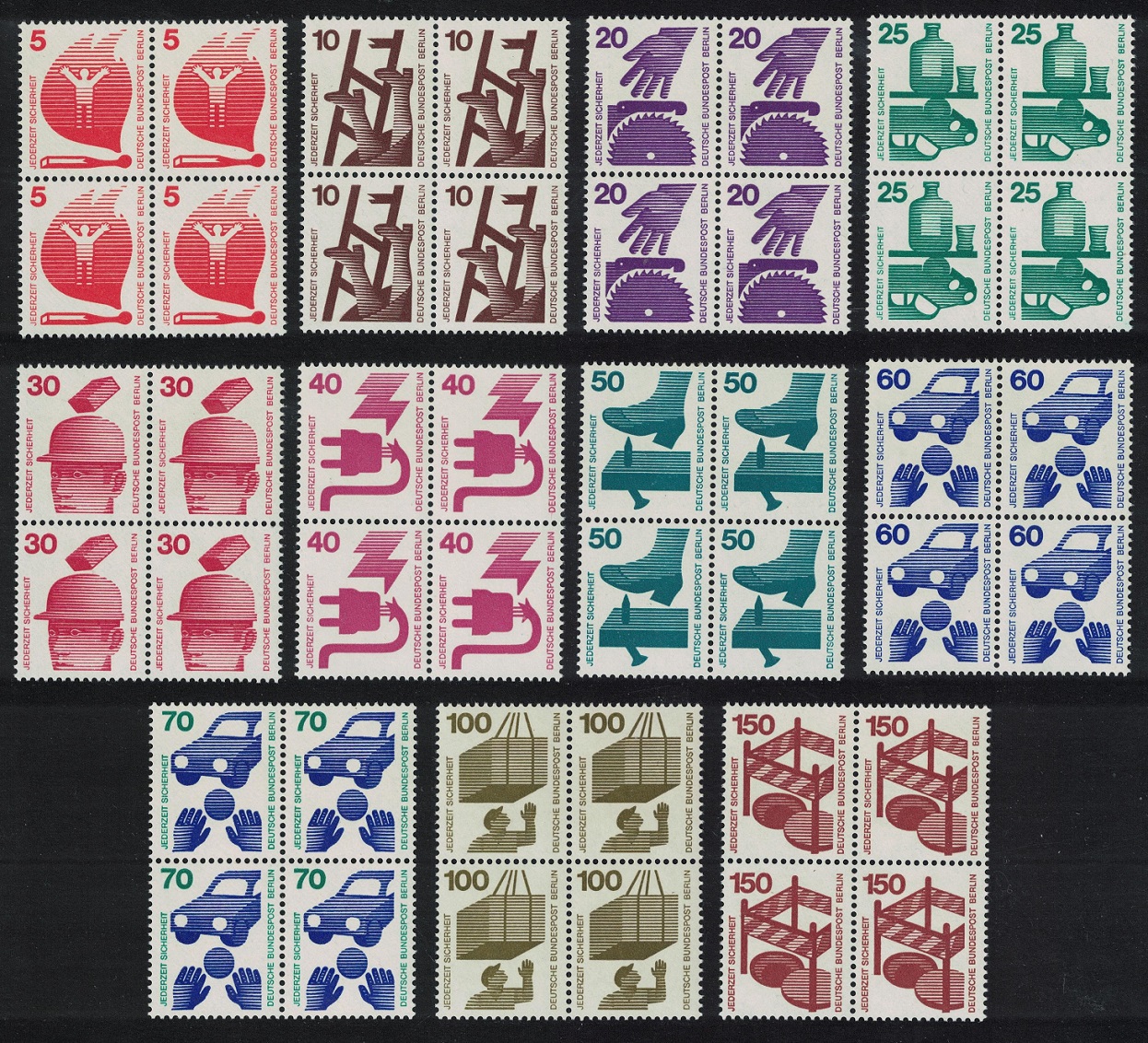 Berlin Accident Prevention 11v Blocks of 4 COMPLETE 1971 MNH SG#B396-B406