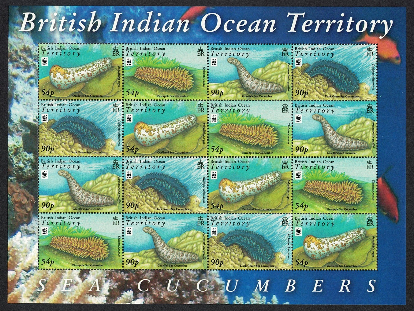 British Indian Ocean Territory WWF Sea Cucumbers Sheetlet of 4 sets 2008 MNH SG#392-395 MI#470-473 Sc#361-364