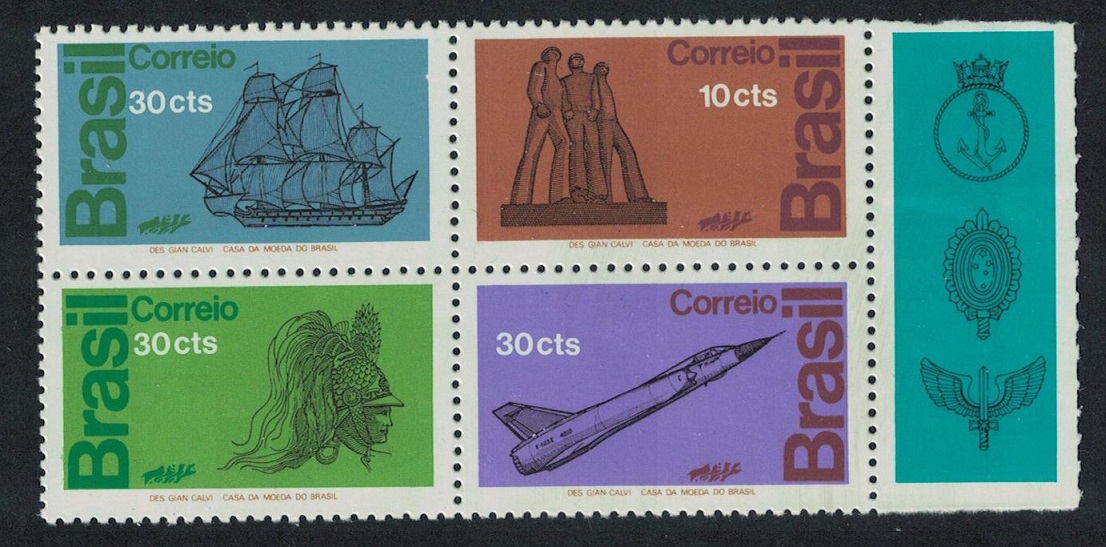 Brazil Ships Jet Armed Forces&#39; Day Block of 4v with label 1972 MNH SG#1422-1425