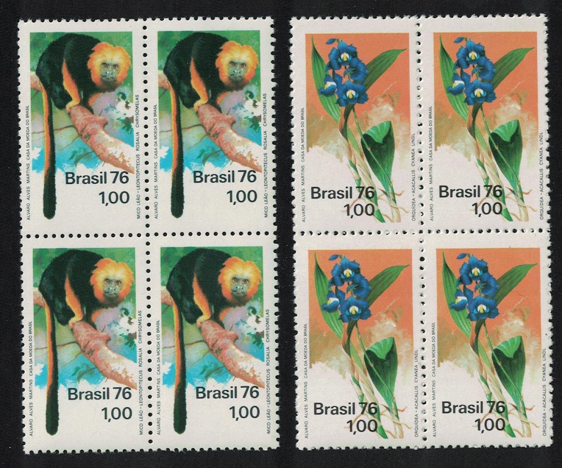 Brazil Nature Protection Tamarin Orchid 2v in blocks of 4 1976 MNH SG#1589-1590 Sc#1438-1439