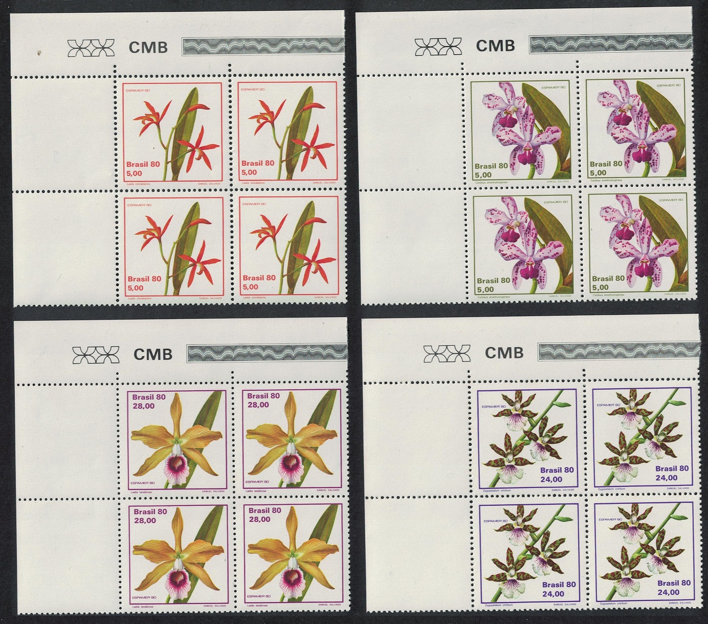 Brazil Orchids 4v Corner Blocks of 4 1980 MNH SG#1862-1865 MI#1785-1788