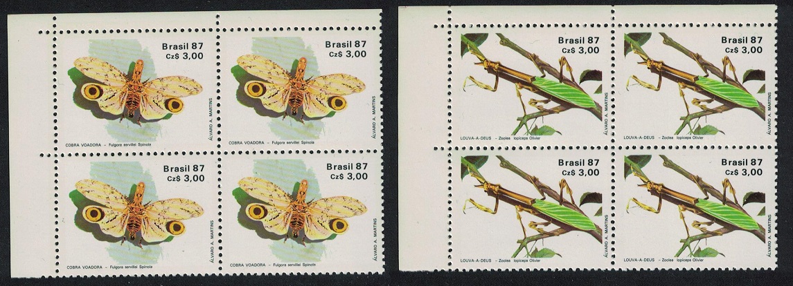 Brazil Moth Mantis Insects 2v Corner Blocks of 4 1987 MNH SG#2279-2280 MI#2219-2220