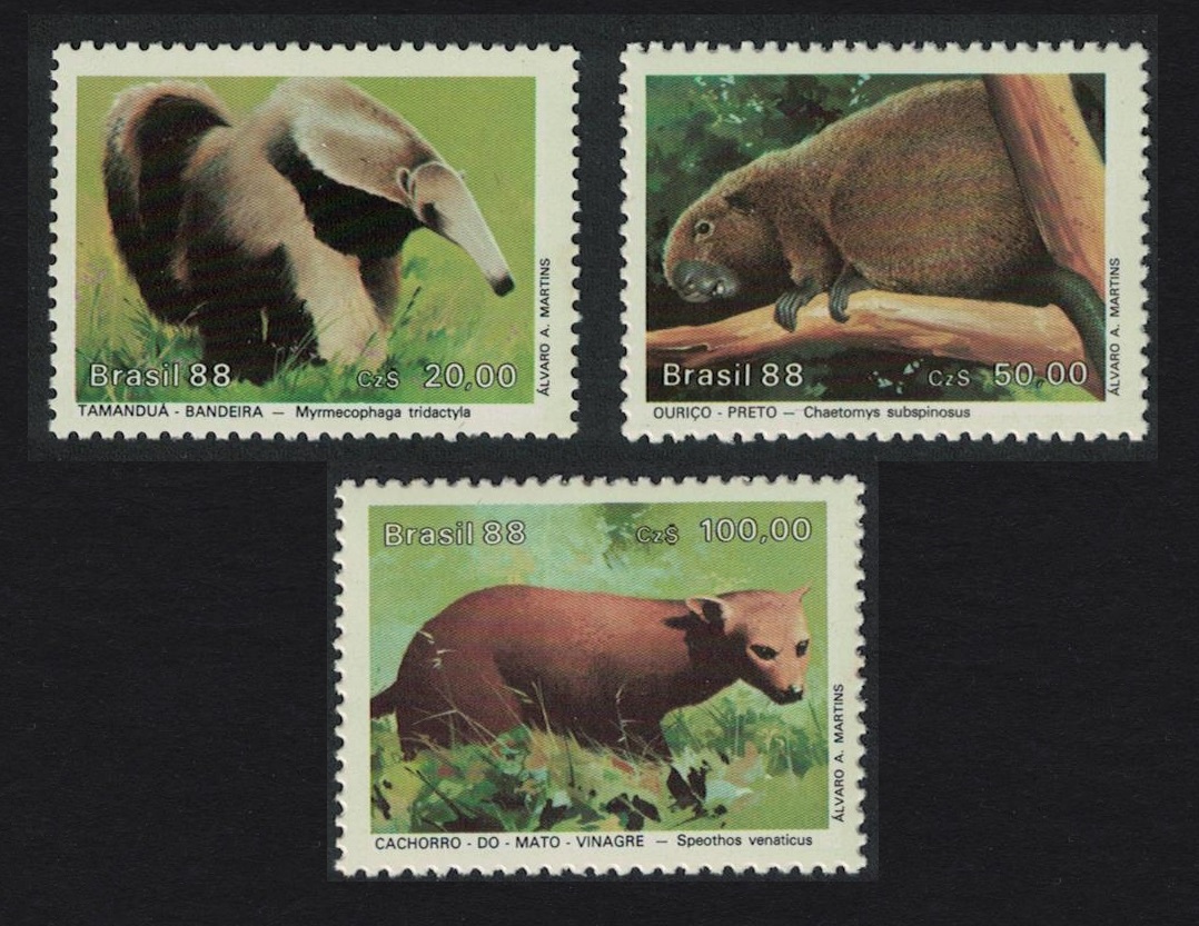 Brazil Bush Dog Porcupine Anteater 3v 1988 MNH SG#2317-2319 MI#2259-2261 Sc#2141-2143