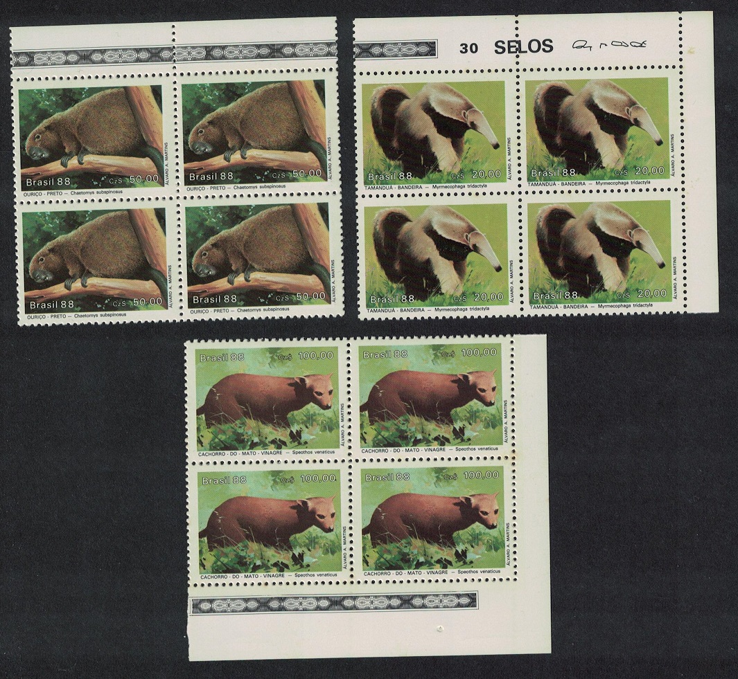 Brazil Bush Dog Porcupine Ant-eater 3v Blocks of 4 1988 MNH SG#2317-2319 MI#2259-2261 Sc#2141-2143