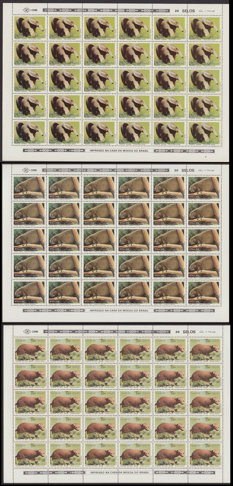 Brazil Endangered Mammals 3v in Full sheets 1988 MNH SG#2317-2319 MI#2259-2261