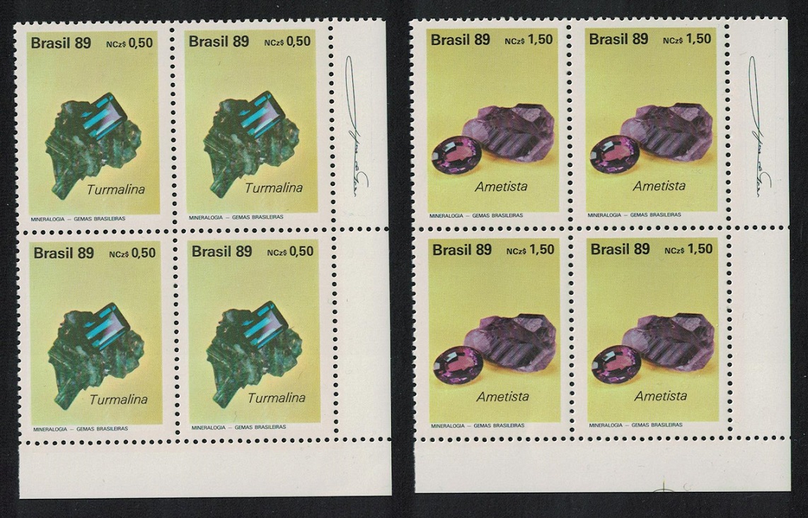 Brazil Precious Stones Amethyst Tourmaline 2v Corner Blocks of 4 1989 MNH SG#2376-2377 MI#2312-2313