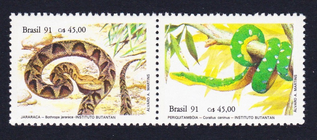 Brazil Snakes Jararaca Green tree boa 2v Pair 1991 MNH SG#2481-2482