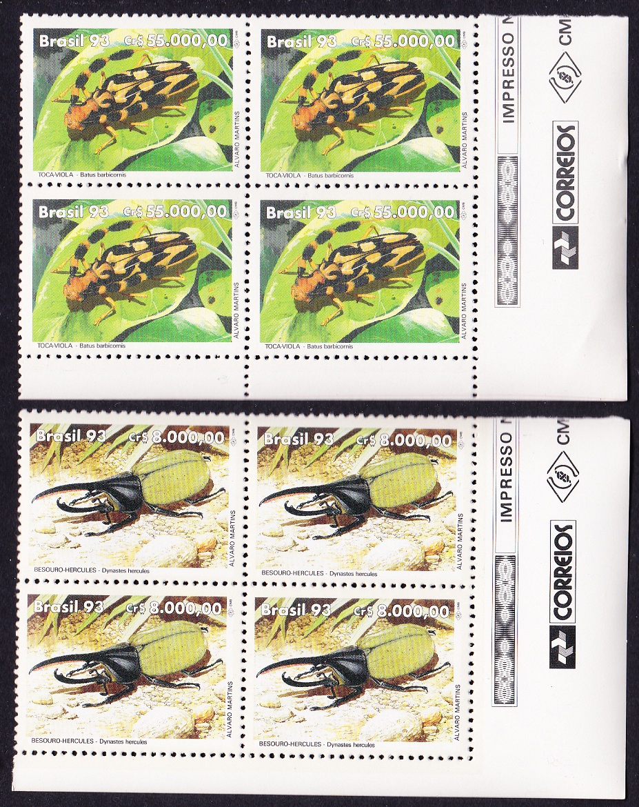 Brazil Beetles 2v SE Corner Blocks of Four 1993 MNH SG#2576-2577