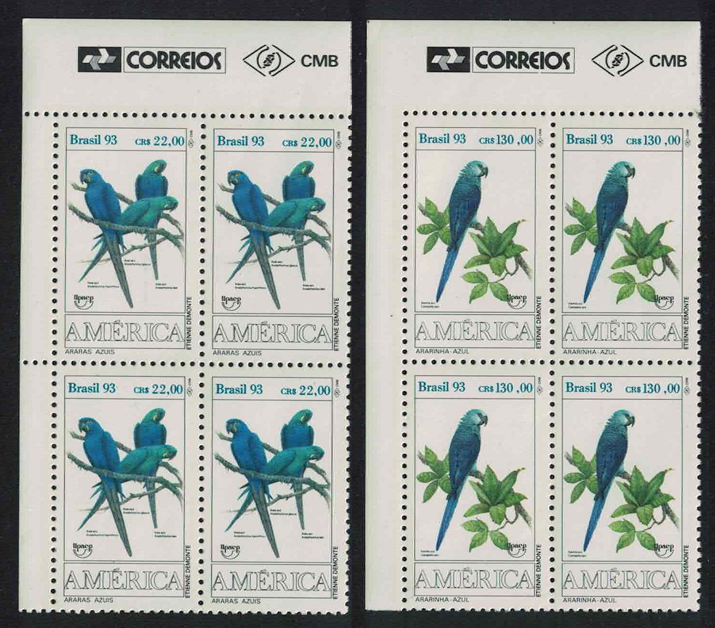 Brazil Birds Endangered Macaws 2v Corner Blocks of 4 1993 MNH SG#2599-2600 MI#2548-2549 Sc#2423-2424