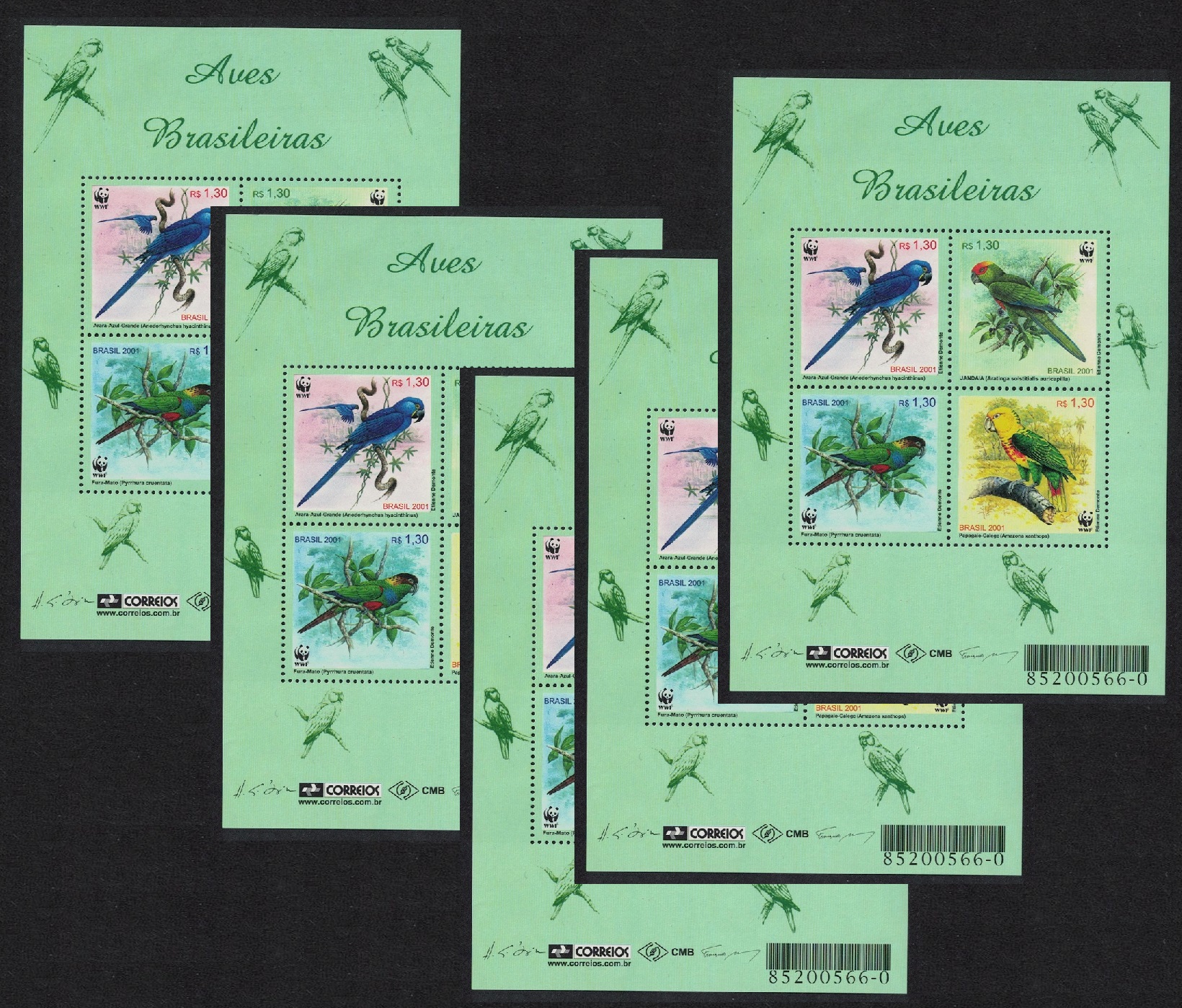 Brazil Birds WWF Parrots 5 MSs [A] 2001 MNH SG#MS3207 MI#3150-3153 Sc#2799