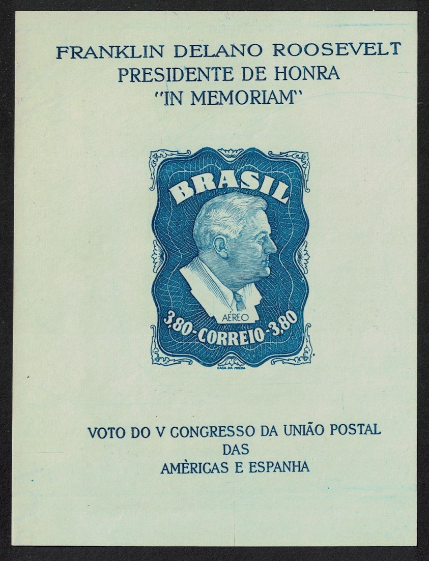 Brazil Franklin D Roosevelt MS WITH WATERMARK RAR! 1949 MNH SG#MS788a MI#Block 10Z Sc#C76a