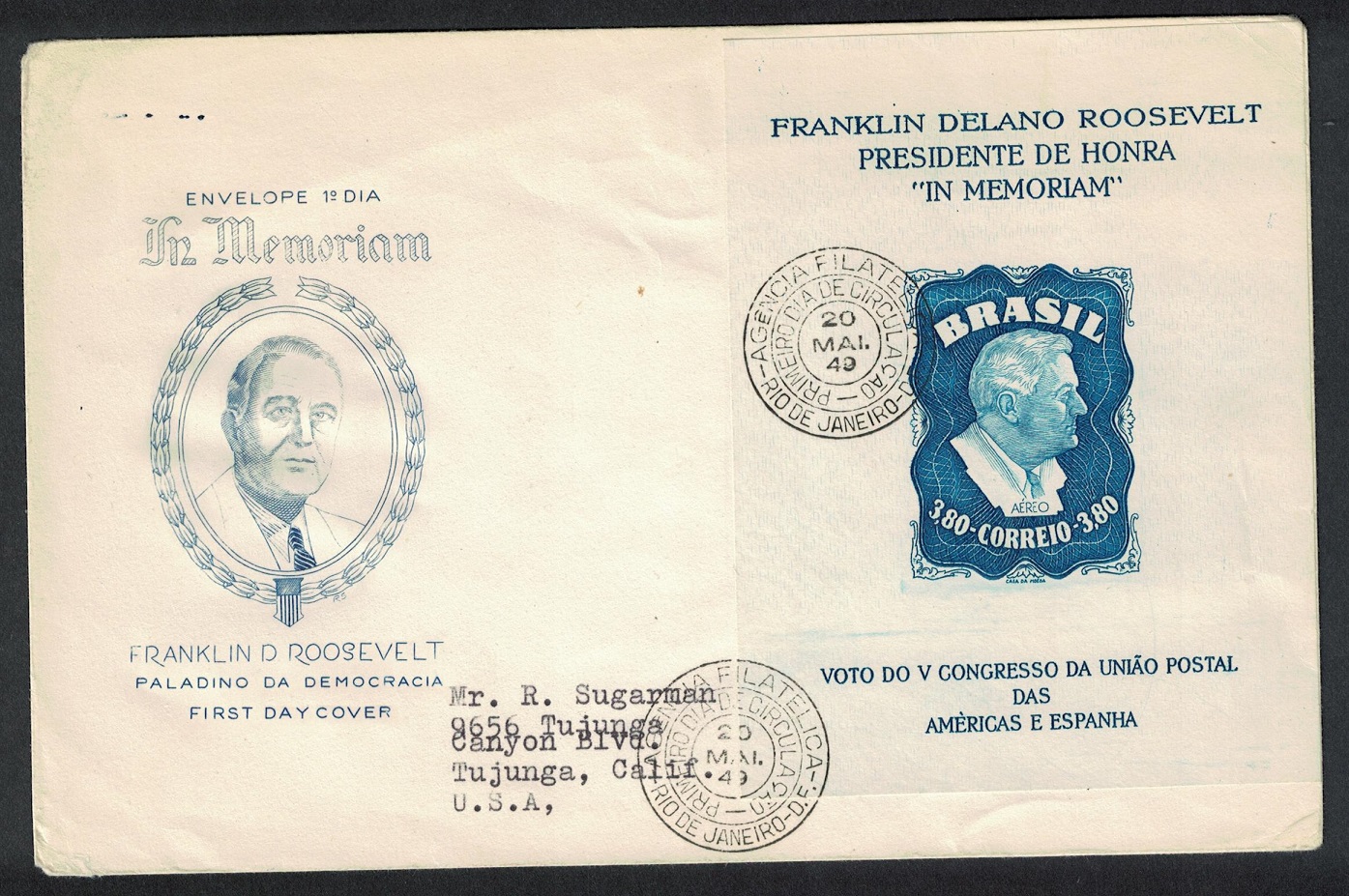 Brazil Franklin D Roosevelt MS WITH WATERMARK on FDC RAR! 1949 SG#MS788a MI#Block 10Z Sc#C76a