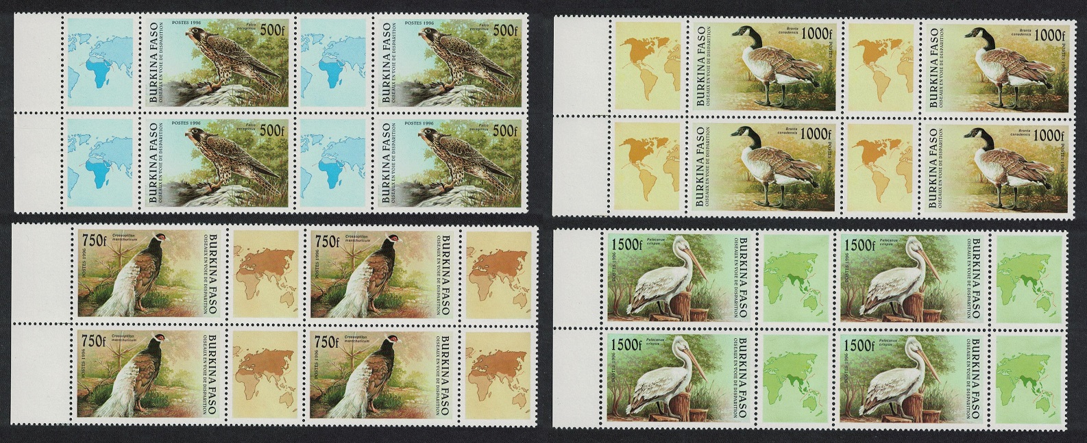 Burkina Faso Pelican Pheasant Goose Birds 4v Blocks of 4 with margins 1996 MNH MI#1406-1409 Sc#1087-1090