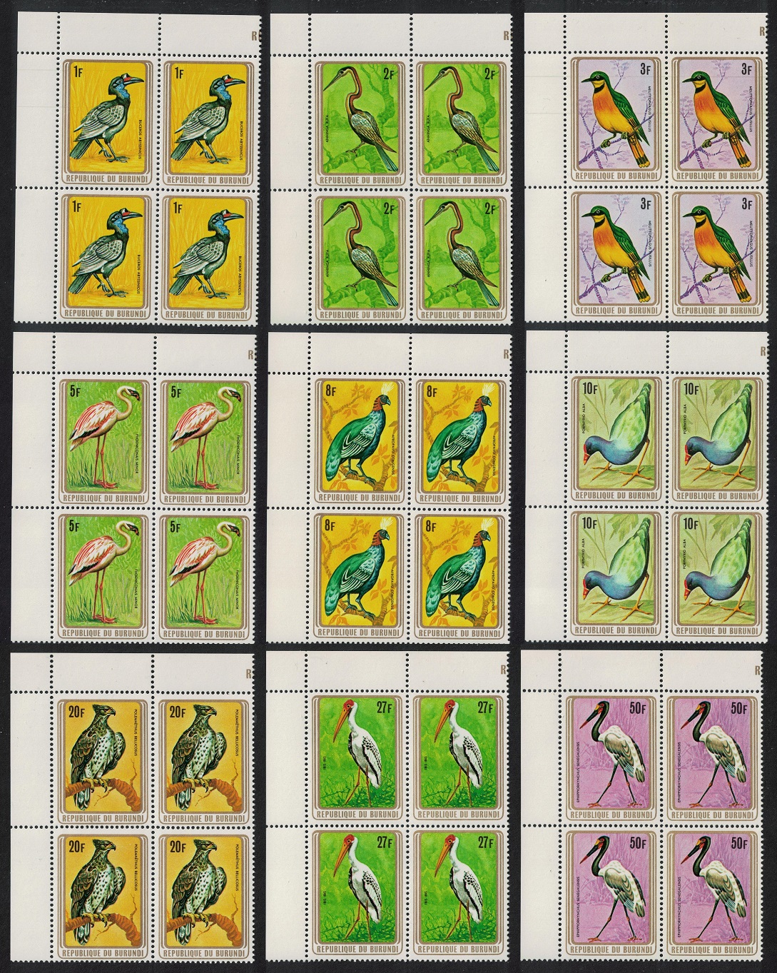 Burundi Hornbill Anhinga Flamingo Eagle Stork Birds 9v Corner Blocks of 4 1979 MNH SG#1318-1326 MI#1488=505-