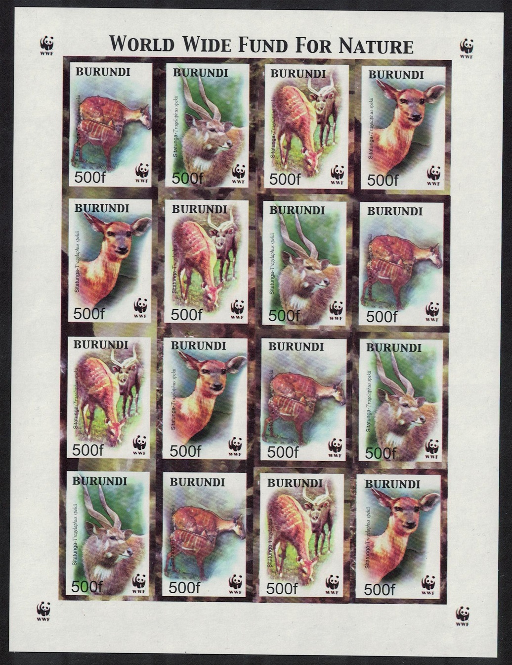 Burundi WWF Sitatunga Imperf Sheetlet of 4 sets 2004 MNH SG#1638-1641 MI#1867-1870