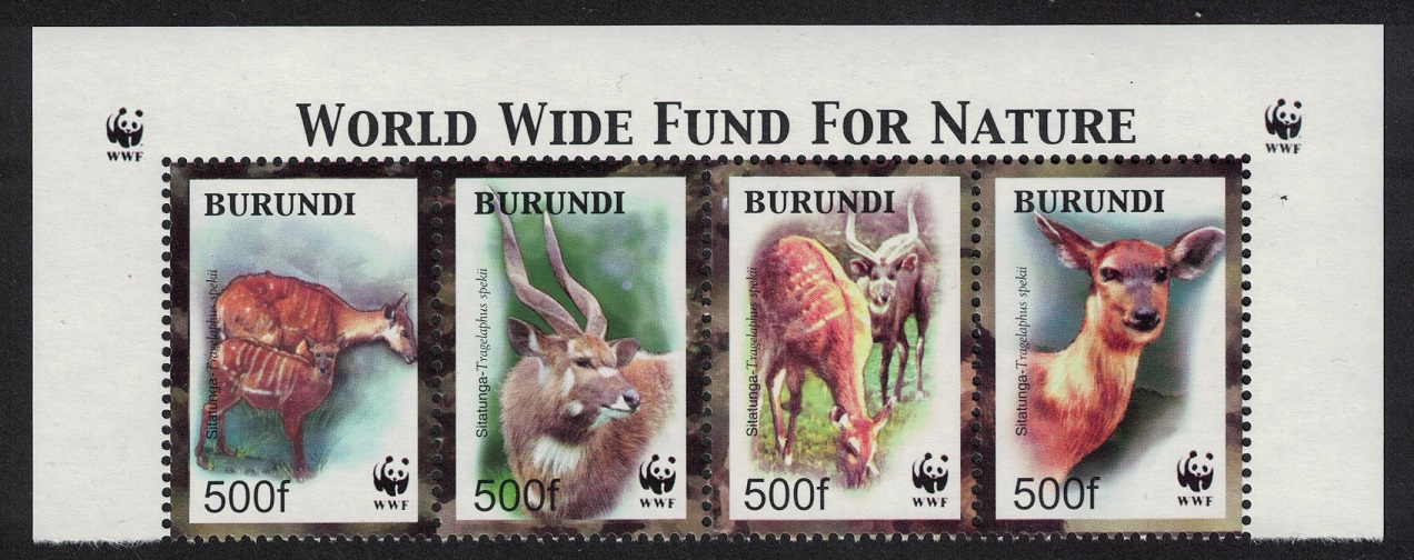 Burundi WWF Sitatunga Top Strip of 4v WWF Logo 2004 MNH SG#1638-1641 MI#1867-1870 Sc#774 a-d