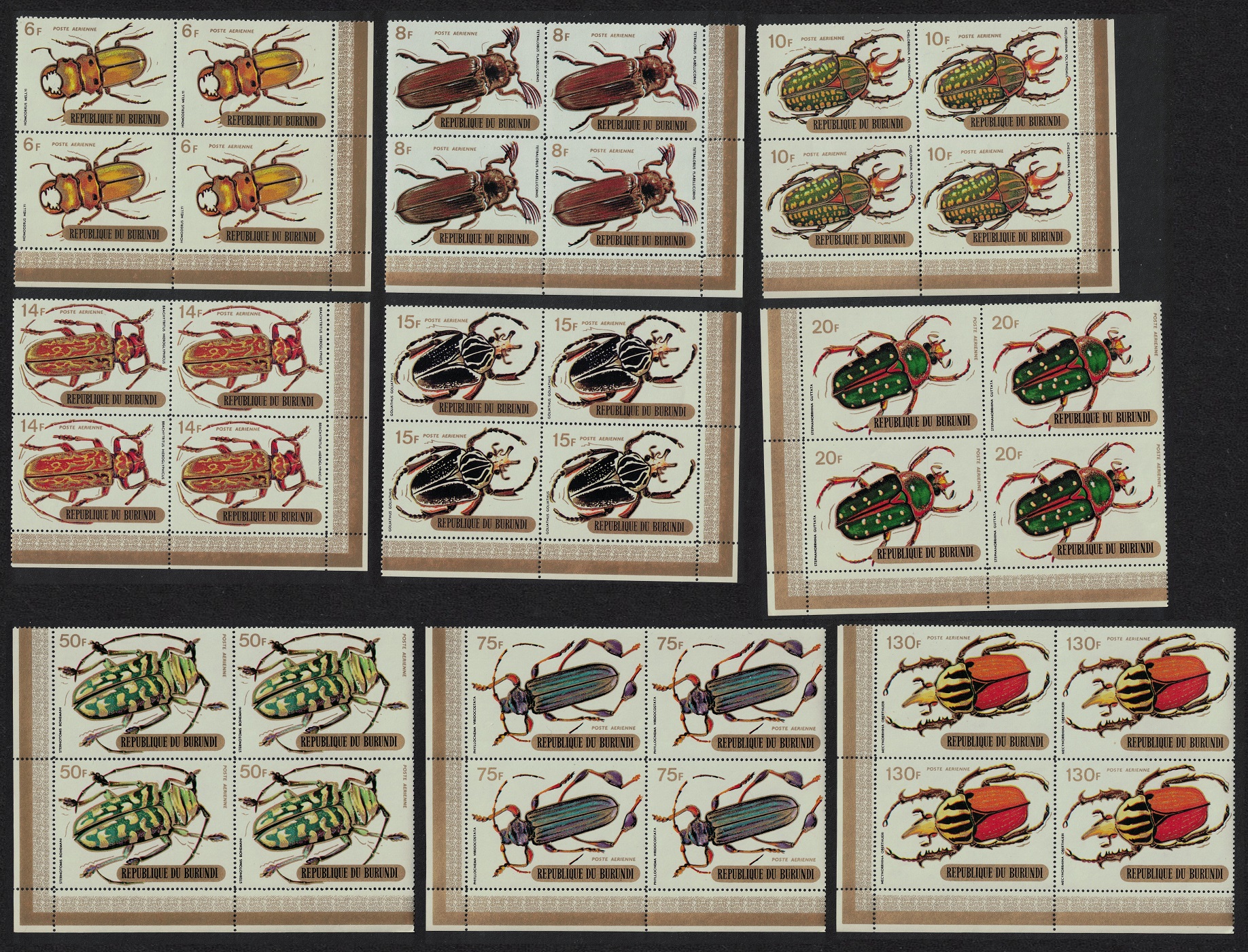 Burundi Beetles 9v Airmail KEY VALUES Corner Blocks of 4 1970 MNH SG#502-510