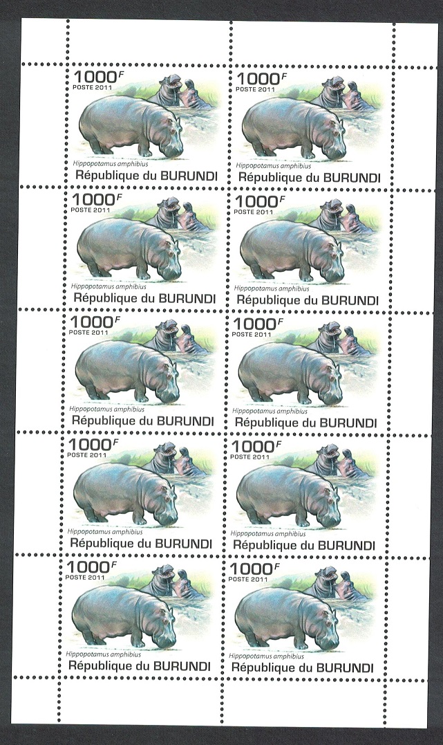 Burundi Hippo Sheetlet of 10v 2011 MNH