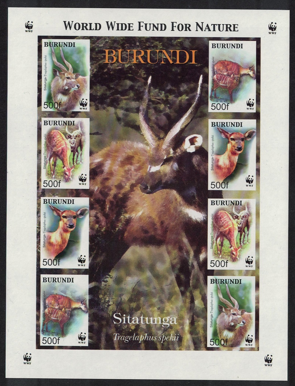 Burundi WWF Sitatunga Imperf Sheetlet of 2 sets 2004 MNH SG#MS1641a MI#1867-1870KB