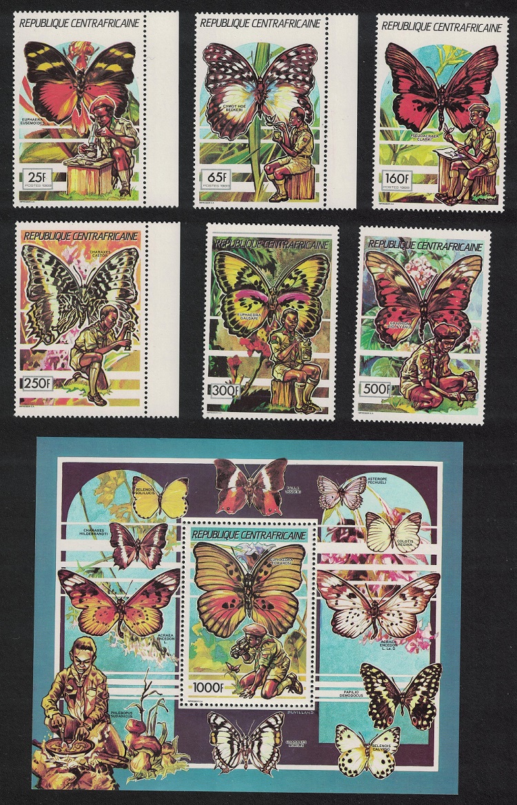 Central African Republic Butterflies Scouts 6v+MS 1989 MNH MI#1418-1423+Block 492A