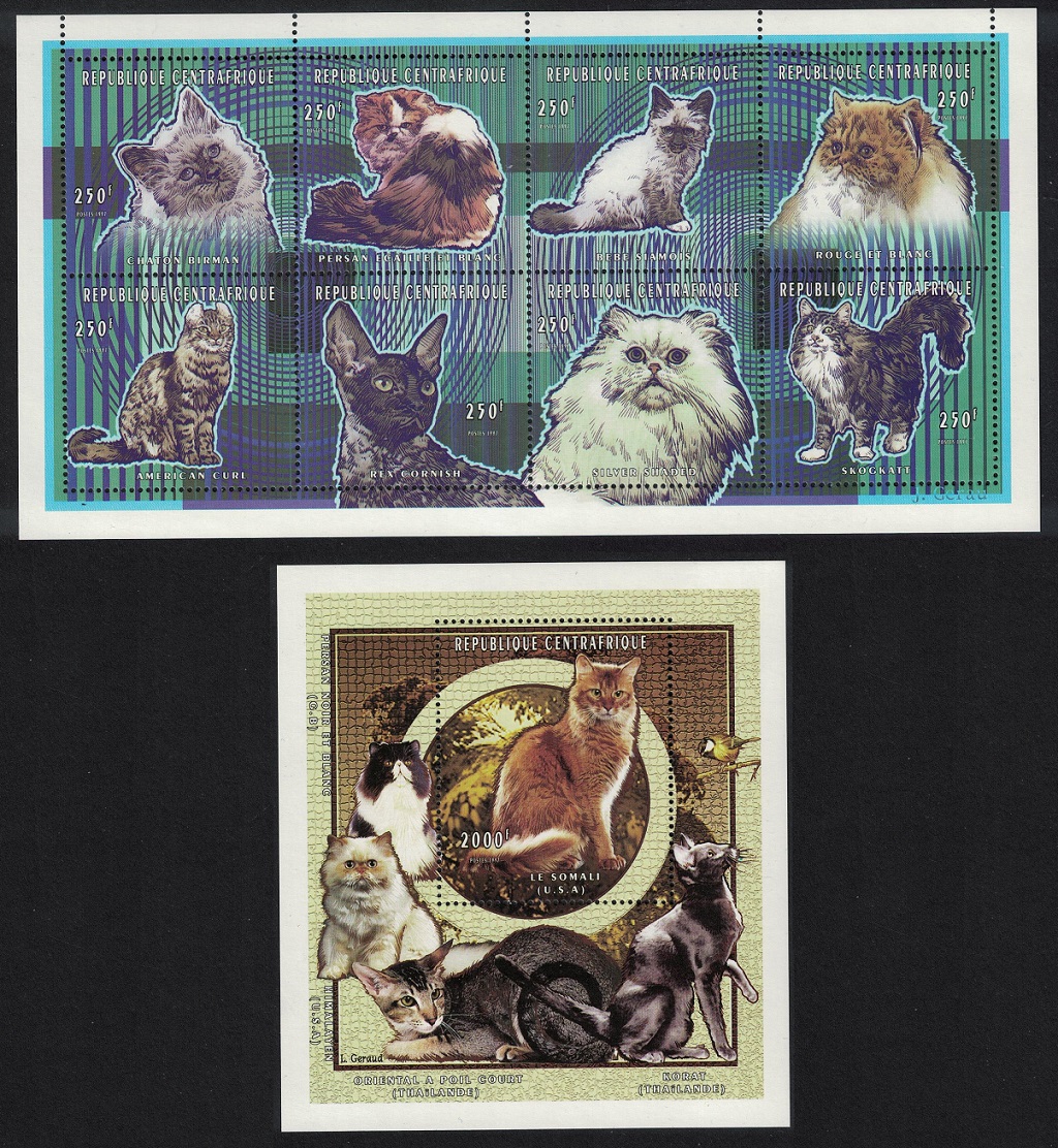 Central African Republic Cats 8v Sheetlet+MS 1998 MNH MI#1954-1961A+Block 603