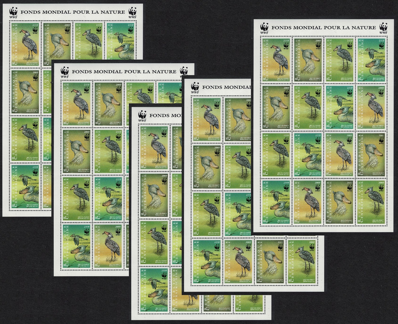 Central African Republic Birds WWF Shoebill 5 Sheetlets [A] 1999 MNH MI#2211-2214 Sc#1239 a-d