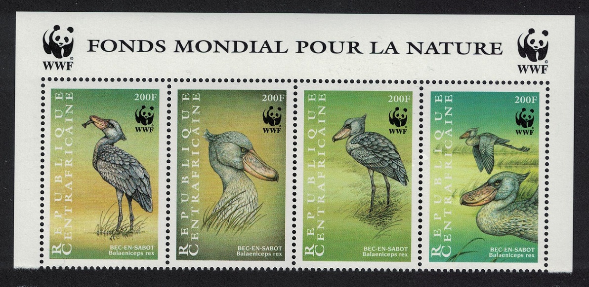 Central African Republic Birds WWF Shoebill Strip of 4v WWF Logo 1999 MNH MI#2211-2214 Sc#1239 a-d