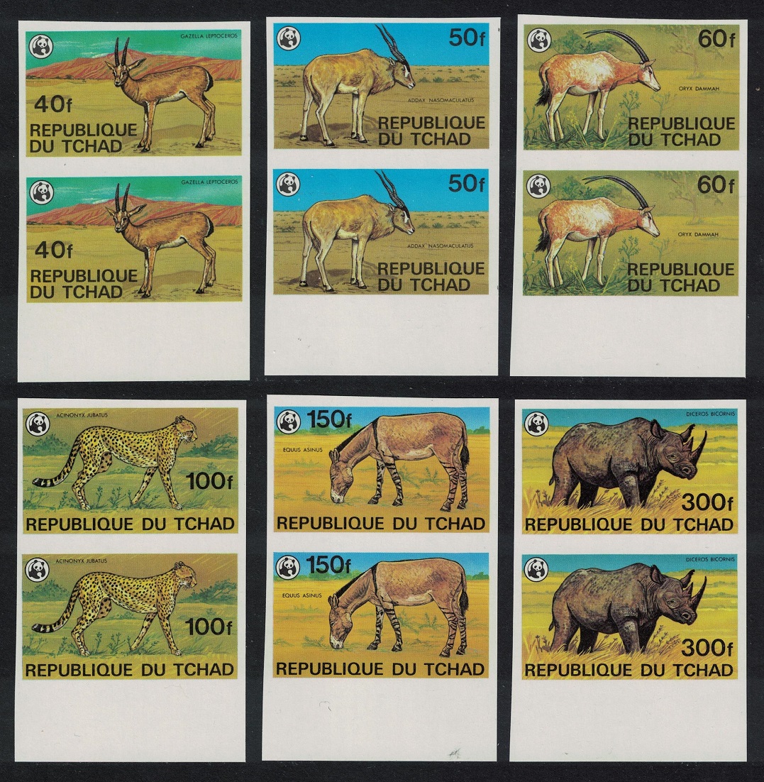 Chad WWF Endangered Animals 6v imperf Pairs margins 1979 MNH SG#555-560 MI#849B-854B Sc#367-372