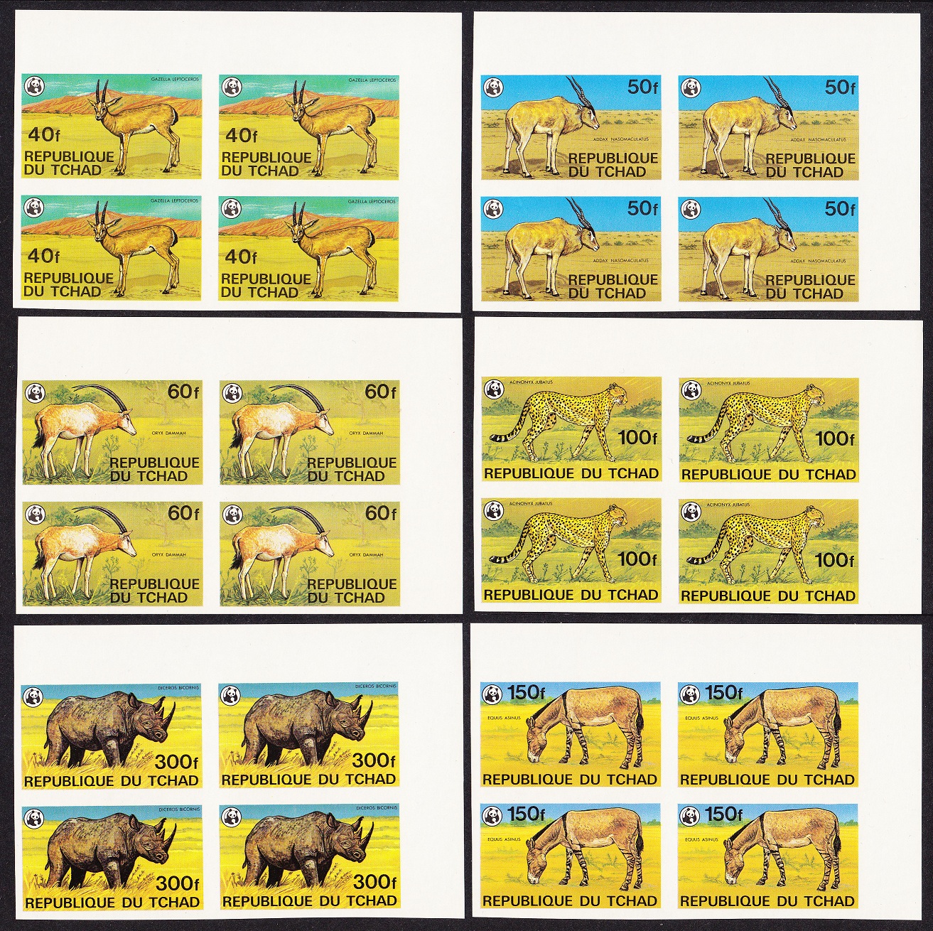 Chad WWF Endangered Animals 6v Imperf Corner Blocks 1979 MNH SG#555-560 MI#849-854B Sc#367-372