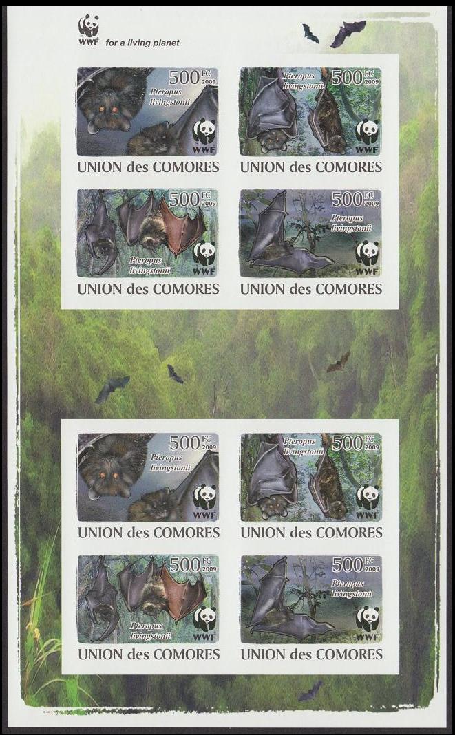 Comoro Islands WWF Livingstone&#39;s Fruit Bat Imperf Sheetlet of 2 sets 2009 MNH