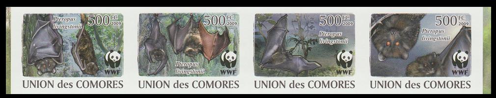 Comoro Islands WWF Livingstone&#39;s Fruit Bat Strip of 4 Imperf stamps 2009 MNH