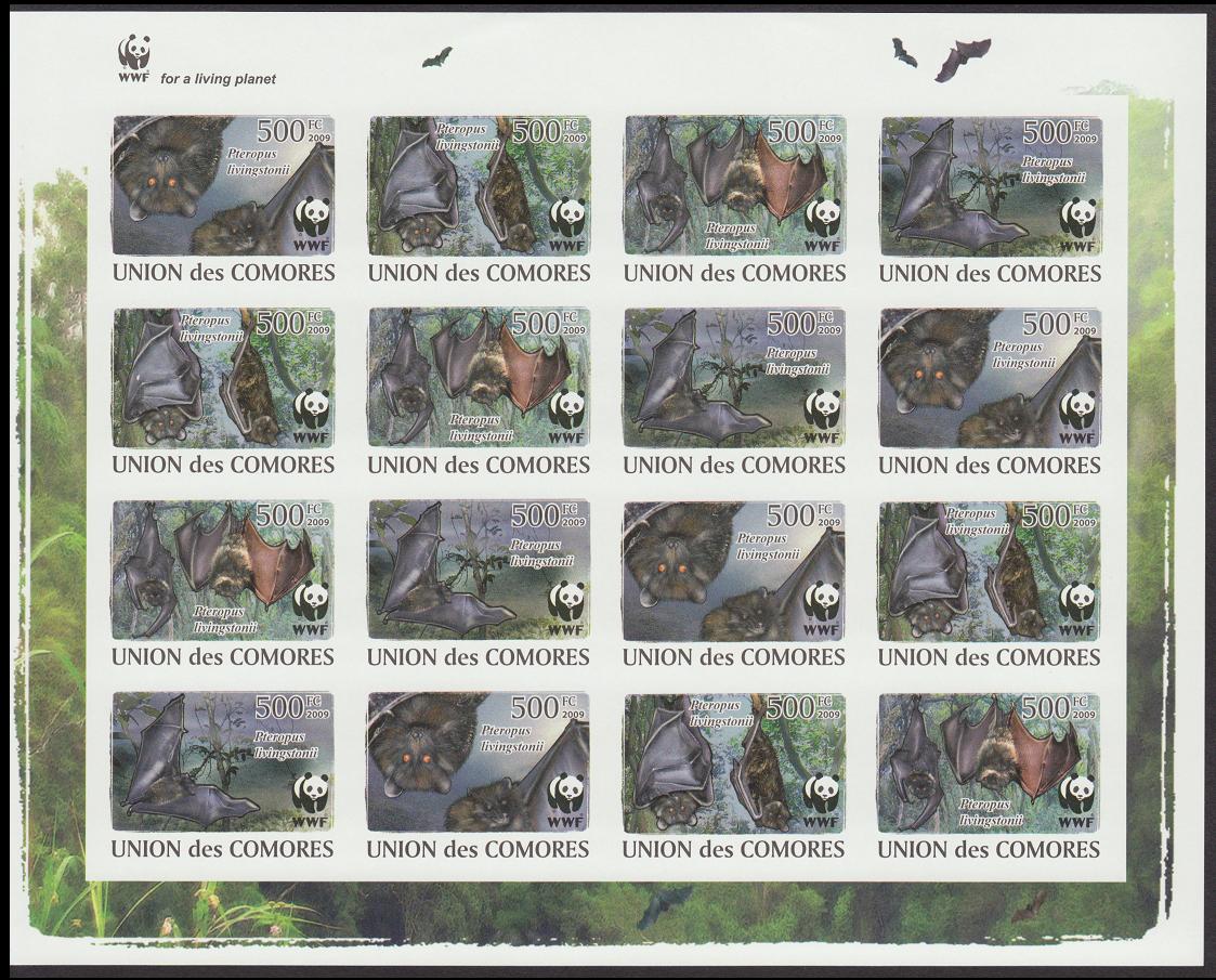 Comoro Islands WWF Livingstone&#39;s Fruit Bat Imperf Sheetlet of 4 sets 2009 MNH