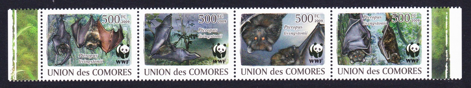 Comoro Islands WWF Livingstone&#39;s Fruit Bat Strip of 4v 2009 MNH MI#2212-2215