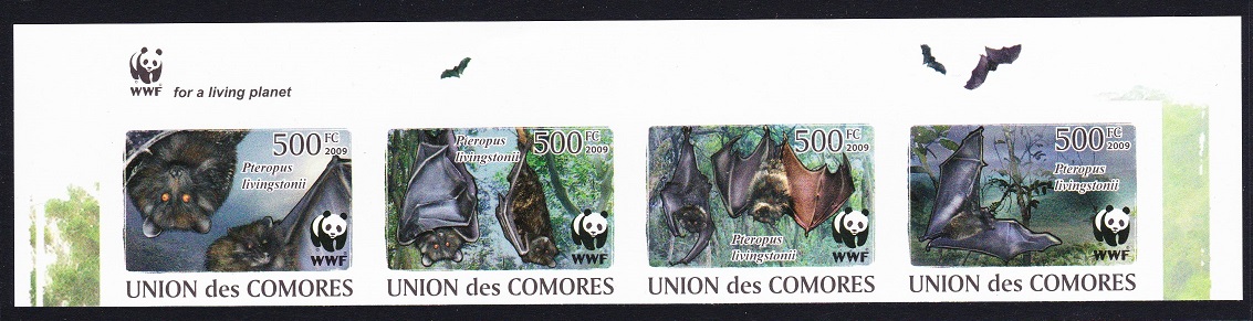 Comoro Islands WWF Livingstone&#39;s Fruit Bat Top imperf Strip WWF Logo 2009 MNH