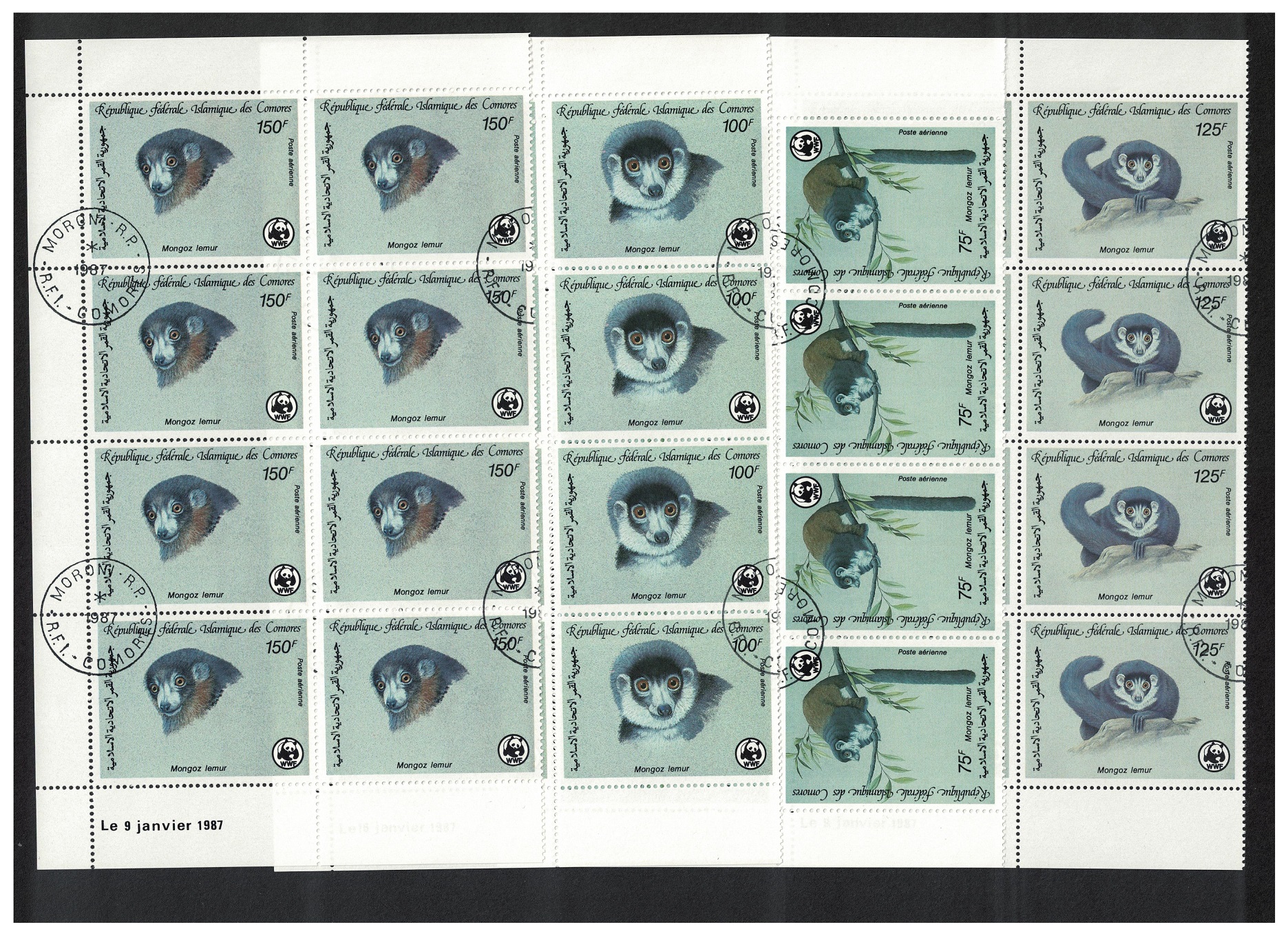 Comoro Islands WWF Mongoose Lemur 4v Blocks of 8 [A] 1987 CTO SG#613-616 MI#792-795 Sc#C171-C174