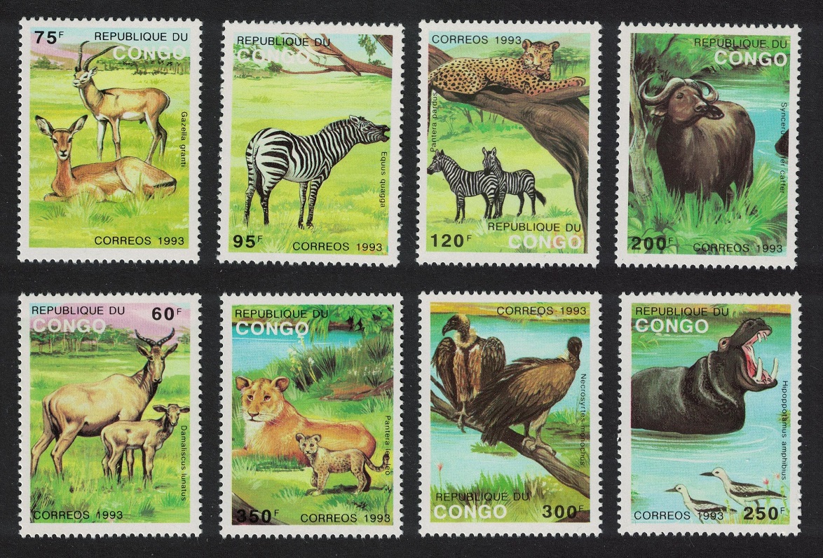 Congo Birds Hippo Zebra Cheetah Wild Animals 8v 1993 MNH SG#1349-1356 MI#1363-1370