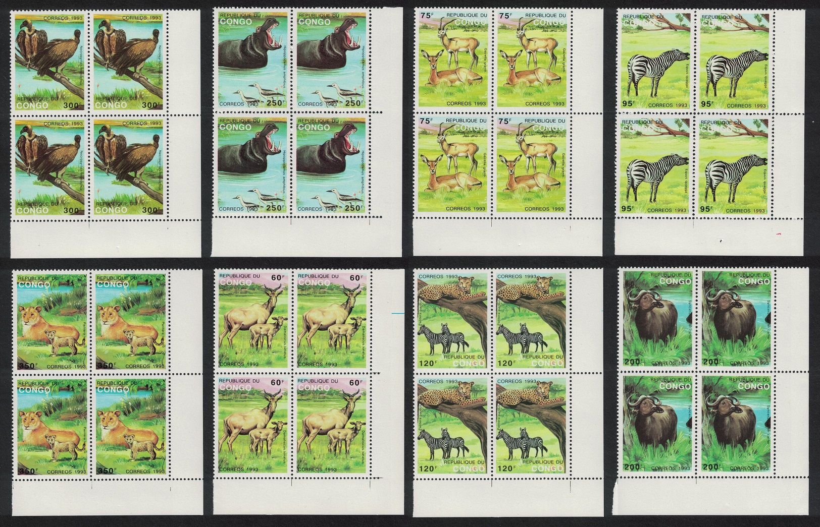 Congo Birds Hippo Zebra Cheetah Wild Animals 8v Corner Blocks of 4 1993 MNH SG#1349-1356 MI#1363-1370