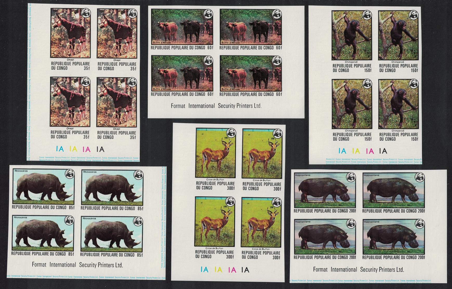 Congo WWF Endangered species 6 imperf Corner Blocks of 4 1978 MNH SG#620-625 MI#630B-635B Sc#453-458