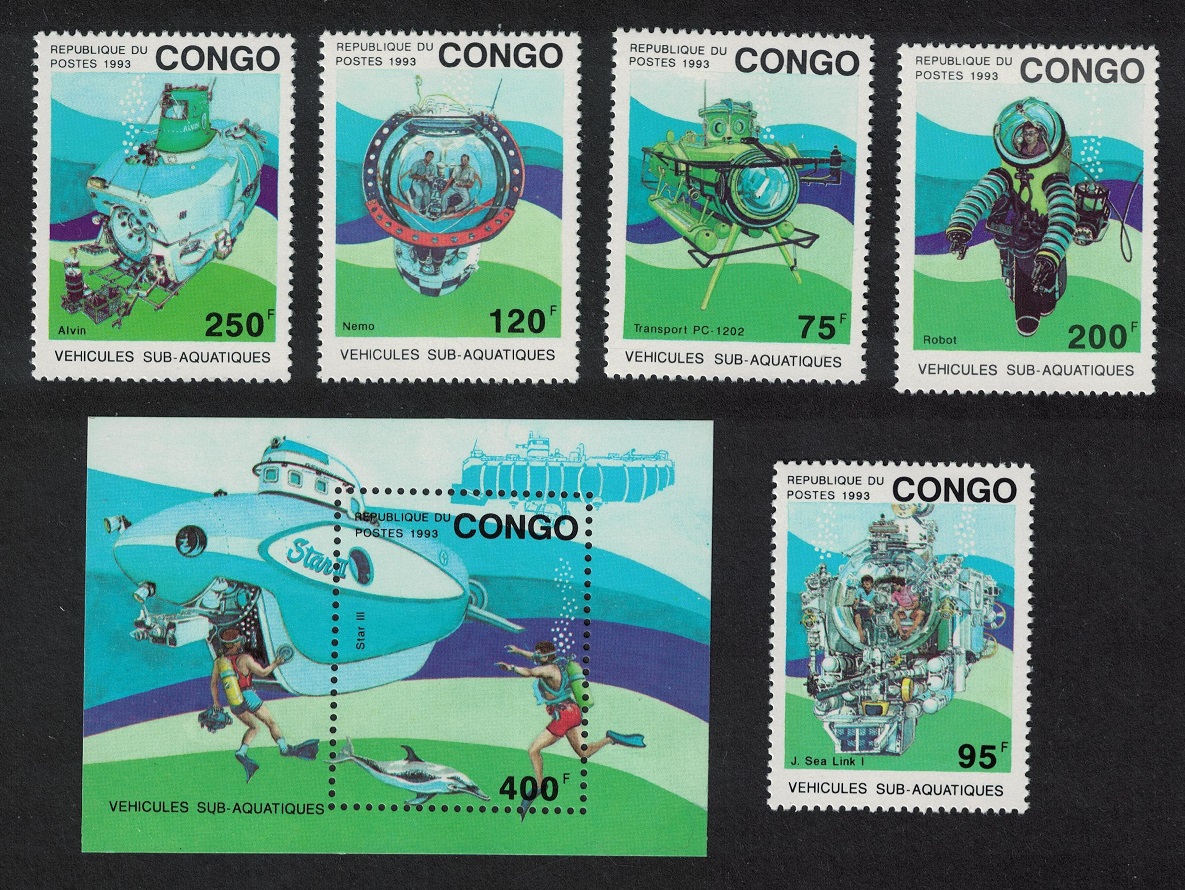 Congo Submarines Underwater vehicles 5v+MS 1993 MNH MI#1371-1375+Block 112