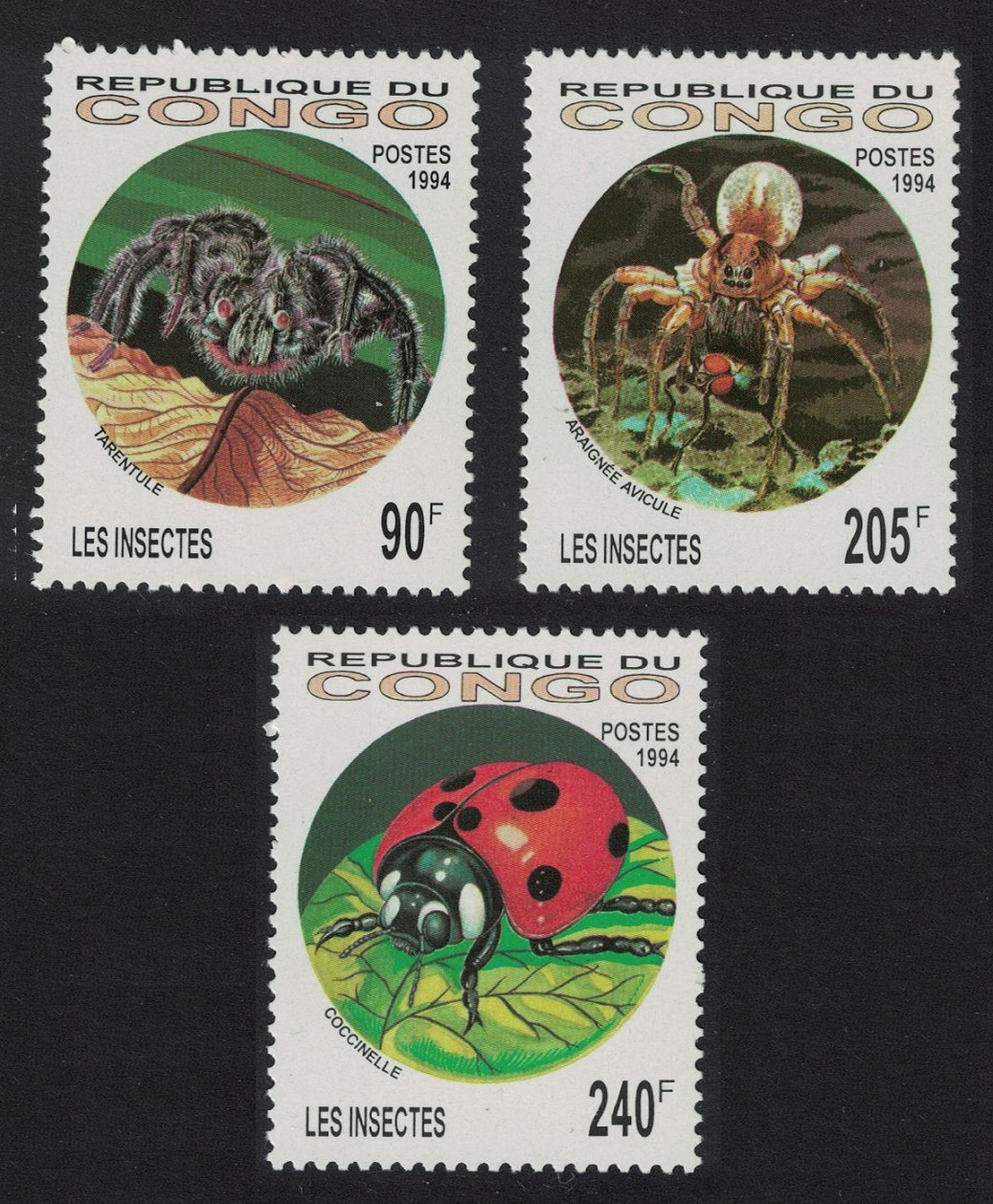 Congo Spiders Insects 3v 1994 MNH MI#1417-19 Sc#1075-1077