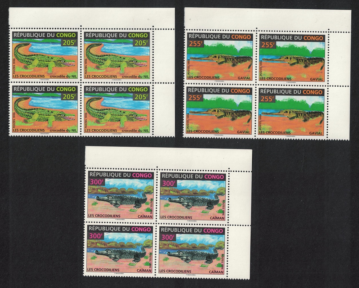 Congo Crocodiles Gavial Caiman 3v Corner Blocks of 4 1996 MNH MI#1493-1496